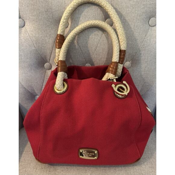 MICHAEL KORS MARINA MANDARIN RED CANVAS CONVERTIBLE PURSE,HAND+GRAB BAG - Picture 1 of 13